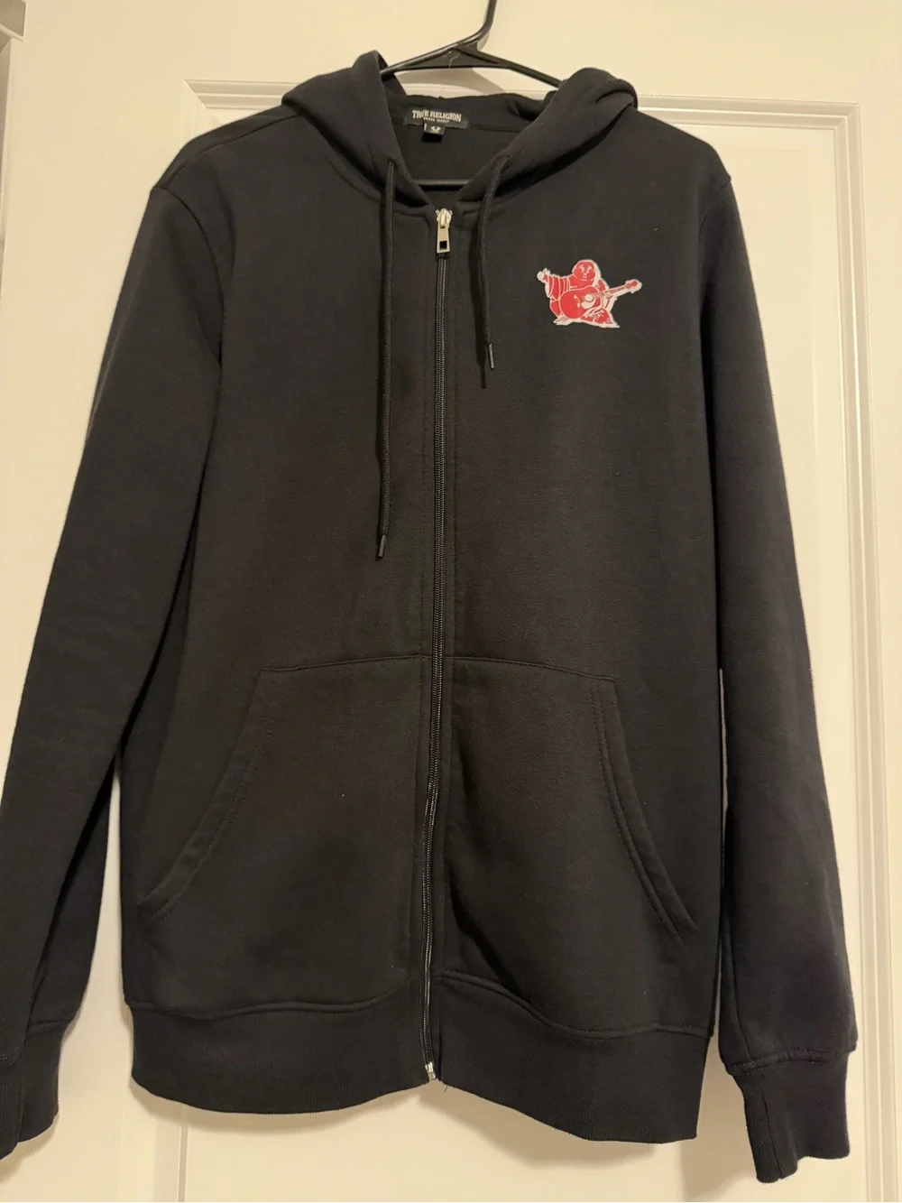 True Religion Black Zip Hoodie with Red Guitar Logo
